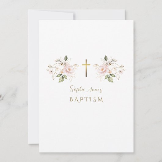 Unieke roze blush gouden bloemen meisje doop kaart (Achterkant)