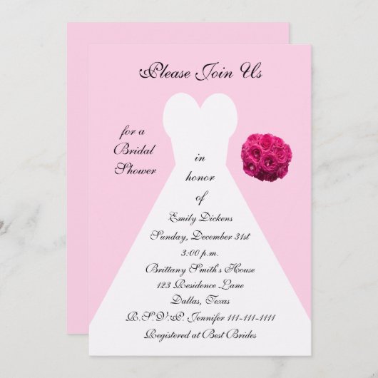 Unieke Roze Bruidsdouche uitnodiging, Bruidsjurk Kaart (Voorkant / Achterkant)