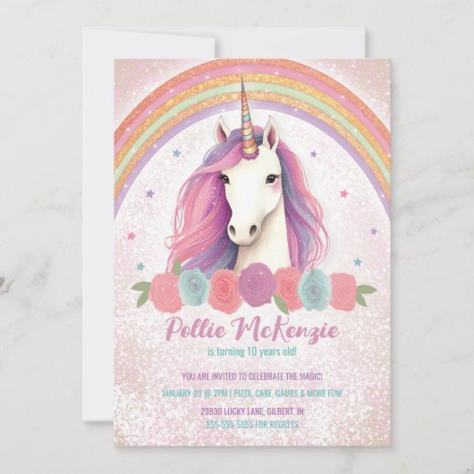 Unieke roze eenhoorn, Rozen, regenboog verjaardags Kaart (Voorkant)