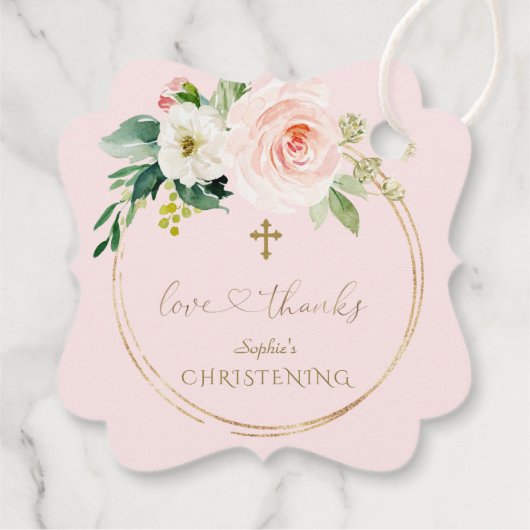 Unieke roze Floral Gold Calligraphy Christening Bedankjes Labels (Achterkant)