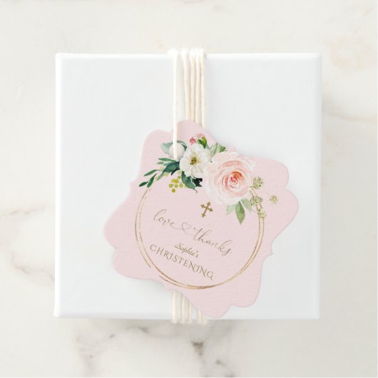 Unieke roze Floral Gold Calligraphy Christening Bedankjes Labels (In situ)