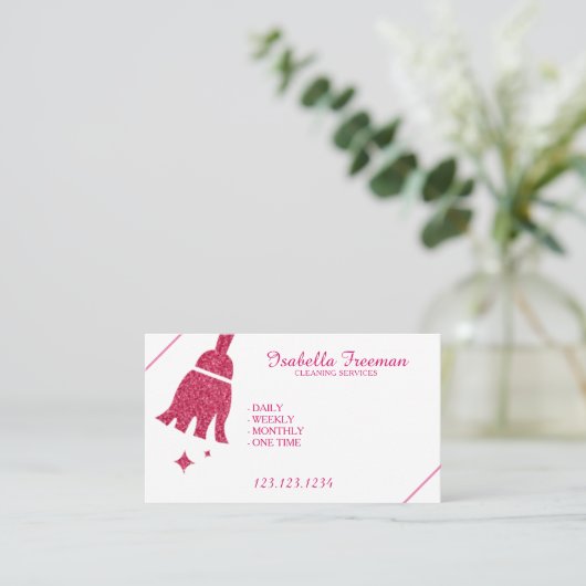 Unieke Roze Glitter Maid House schoonmaakservice Visitekaartje (Staand voorkant)