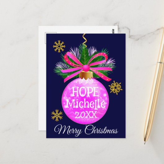 Unieke Roze Lint Bauble Briefkaart (Voorkant / Achterkant in situ)