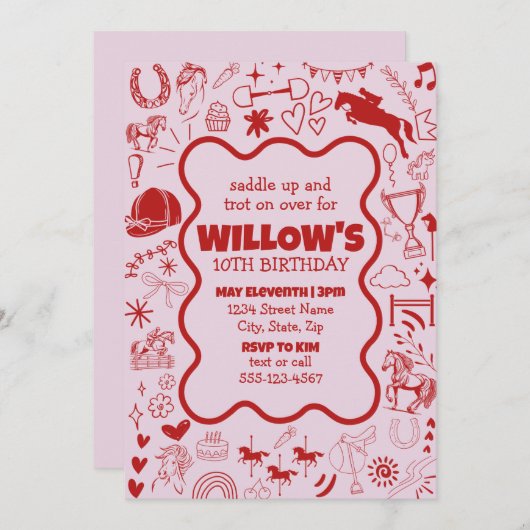 Unieke roze paard meisje ruitersport verjaardag kaart (Voorkant / Achterkant)