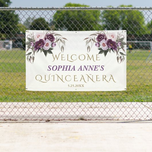 Unieke Roze Paarse Floral Quinceañera Welkomstteke Spandoek (Insitu)