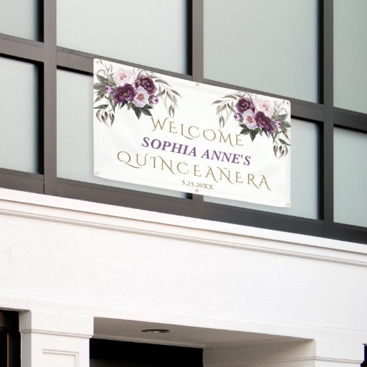Unieke Roze Paarse Floral Quinceañera Welkomstteke Spandoek (Buitenkant Gebouw)