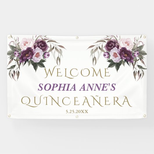 Unieke Roze Paarse Floral Quinceañera Welkomstteke Spandoek (Horizontaal)