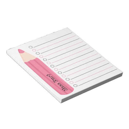 Unieke roze potlood beklede gepersonaliseerde lera notitieblok (Schuin)