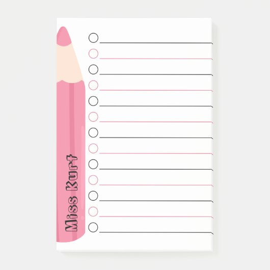 Unieke roze potlood beklede gepersonaliseerde lera post-it® notes (Voorkant)