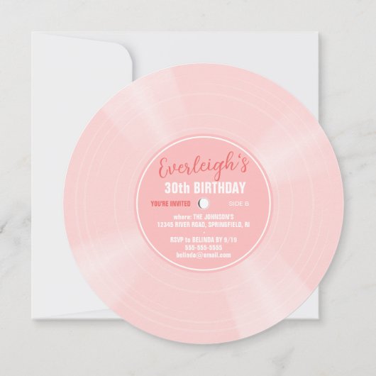 Unieke roze vinylplaat muziek verjaardagsuitnodigi kaart (Achterkant)