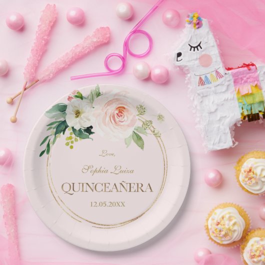 Unieke Roze Witte Bloemen Gouden Quinceañera Papieren Bordje (Feest)