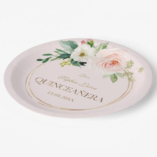Unieke Roze Witte Bloemen Gouden Quinceañera Papieren Bordje (Gekanteld)