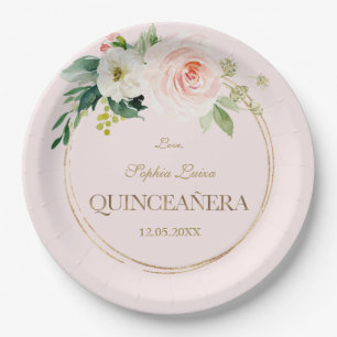 Unieke Roze Witte Bloemen Gouden Quinceañera Papieren Bordje