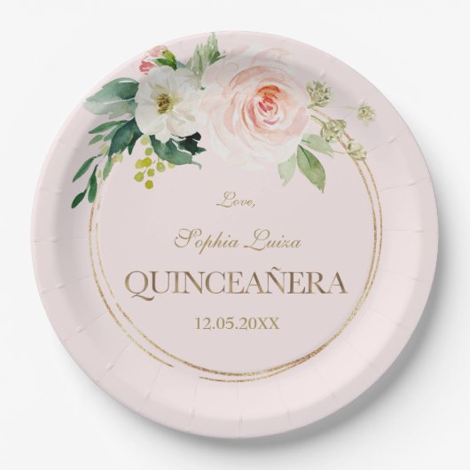 Unieke Roze Witte Bloemen Gouden Quinceañera Papieren Bordje (Voorkant)