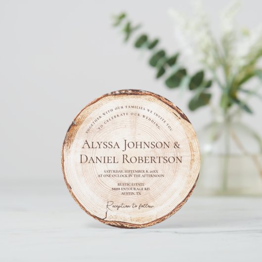 Unieke Rustic Wedding Wood Snijboomschors Kaart (Staand voorkant)