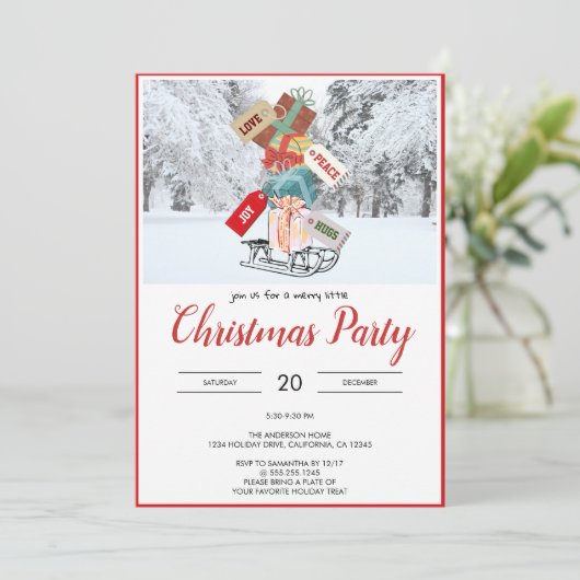Unieke rustieke slee sneeuw kerstfeest uitnodiging (Staand voorkant)