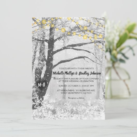 Unieke rustieke Winter Tree Light bruiloft uitnodi Kaart (Staand voorkant)
