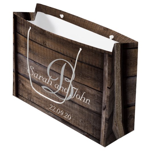 Unieke Rustige Wood Monogram Wedding Gift Bag Groot Cadeauzakje (Voorkant Gekanteld)