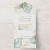 Unieke Sage Green en Gold Tropical Leaves Weddensc All In One Uitnodiging (Binnen)