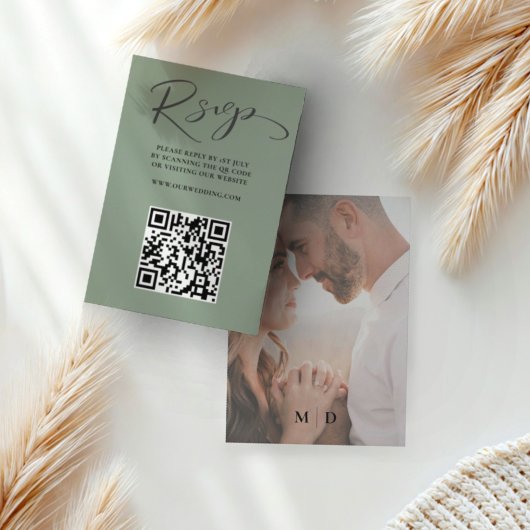Unieke Sage Green QR Code RSVP bruiloft Kaartje