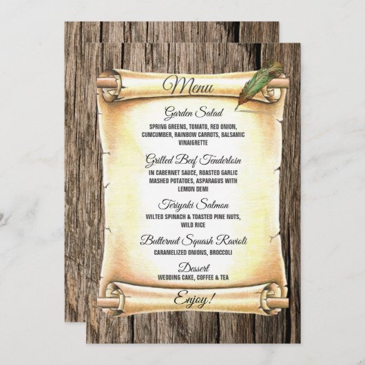 Unieke Scroll & Feather Pen Barnwood Wedding Menu (Voorkant / Achterkant)