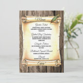 Unieke Scroll & Feather Pen Barnwood Wedding Menu (Staand voorkant)