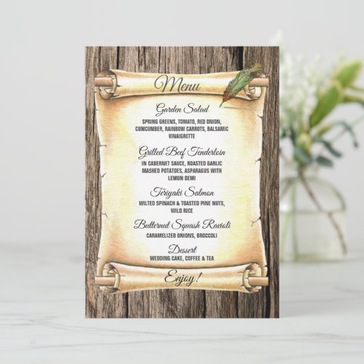 Unieke Scroll & Feather Pen Barnwood Wedding Menu (Staand voorkant)