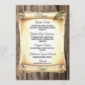Unieke Scroll & Feather Pen Barnwood Wedding Menu (Voorkant)