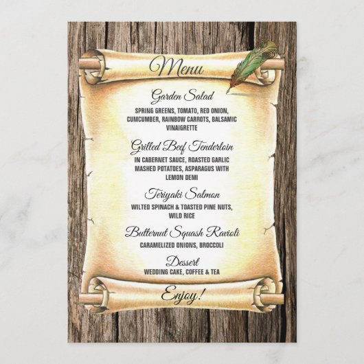 Unieke Scroll & Feather Pen Barnwood Wedding Menu (Voorkant)