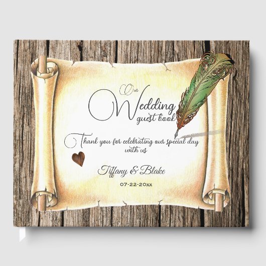 Unieke Scroll & Feather Pen bruiloft Gastenboek (Voorkant)