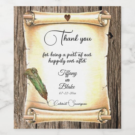 Unieke Scroll & Feather Pen bruiloft Wijn Etiket (Enkel label)