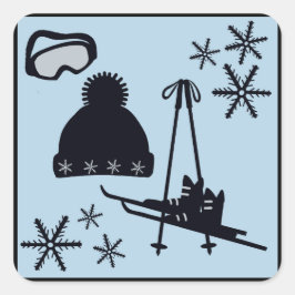 Unieke ski & winter design in zwart op blauw vierkante sticker