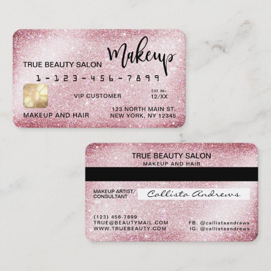 Unieke Sparkly Pink Glitter Credit Kaart Make-up Visitekaartje (Voorkant / Achterkant)