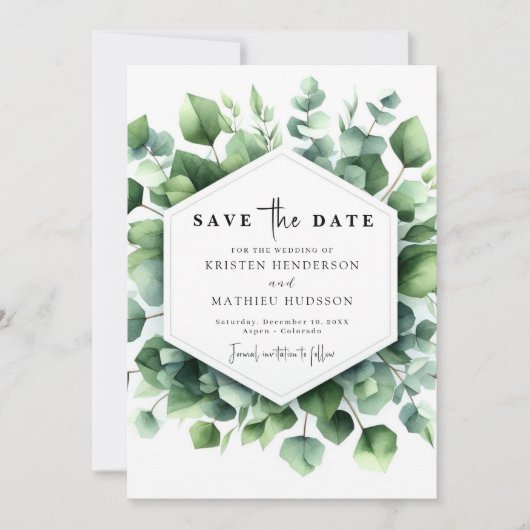 Unieke speelse eucalyptus digitale bruiloft save the date (Voorkant)