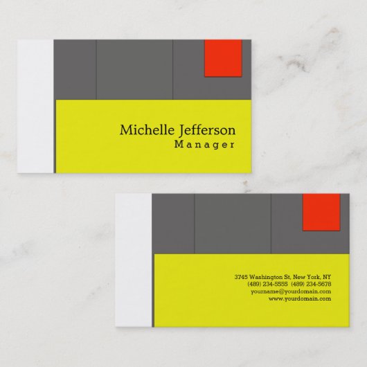 Unieke, stijlvolle, gele rode, grijze, moderne pla visitekaartje (Voorkant / Achterkant)