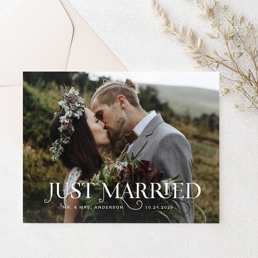 Unieke stijlvolle tekst en foto | Just Married Briefkaart