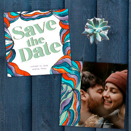 Unieke Stout Boho Groovy Retro Groene Golvende Fot Save The Date