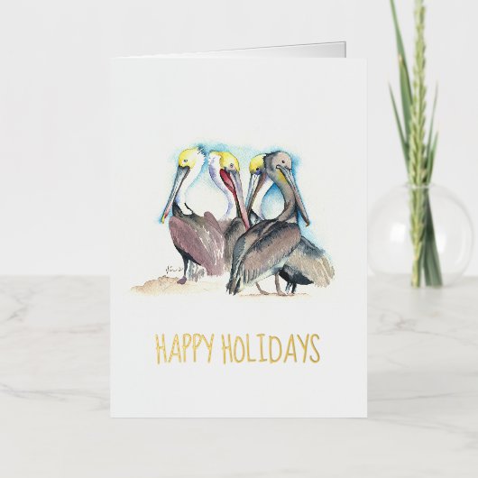 Unieke Strand Kerst Kaarten Waterverf Pelicans (Voorkant)