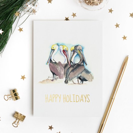 Unieke strand kerstkaarten aquarel pelikanen folie wenskaart