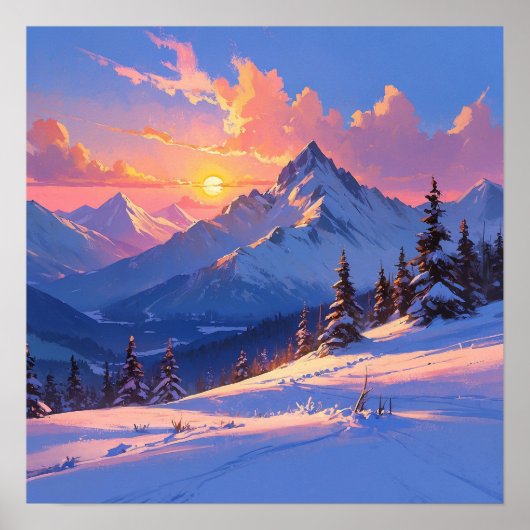 Unieke Sunset Mountain Landscape Schilderij Poster (Voorkant)