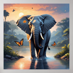 Unieke Sunset Olifant met Vlinders in Rivier Poster