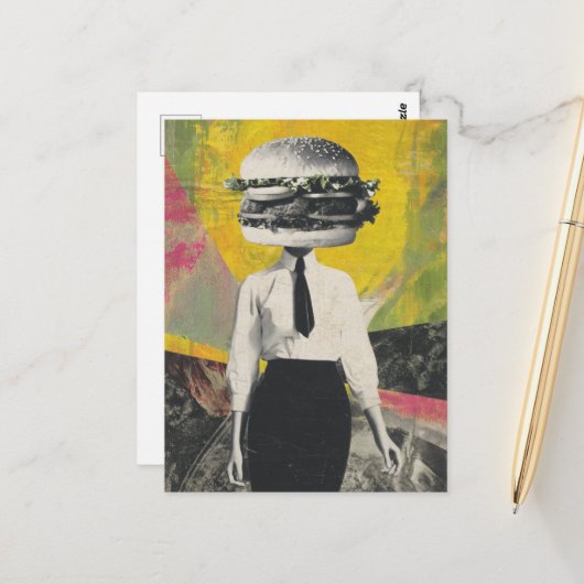 Unieke Surrealistische Cheeseburger Vrouw Briefkaart (Voorkant / Achterkant in situ)