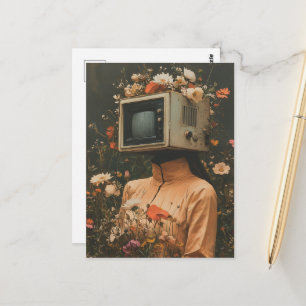 Unieke surreële vrouw met tv-hoofd en bloemen briefkaart