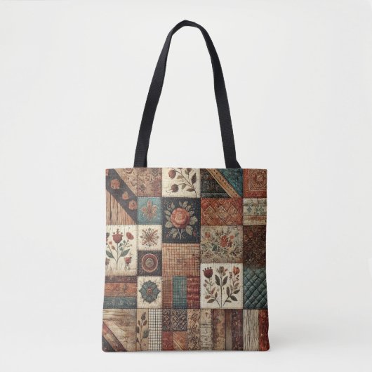 Unieke Terracotta Quilt & Patchwork Rustieke Retro Tote Bag (Voorkant)