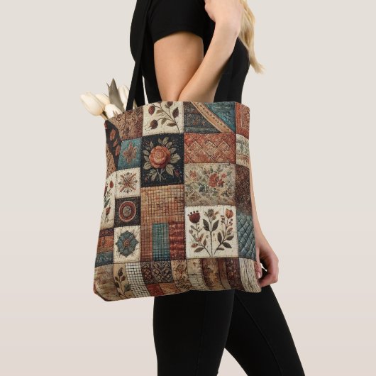 Unieke Terracotta Quilt & Patchwork Rustieke Retro Tote Bag (Dichtbij)