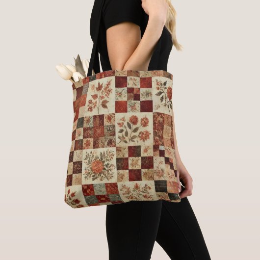 Unieke Terracotta Quilt & Patchwork Rustieke Retro Tote Bag (Dichtbij)