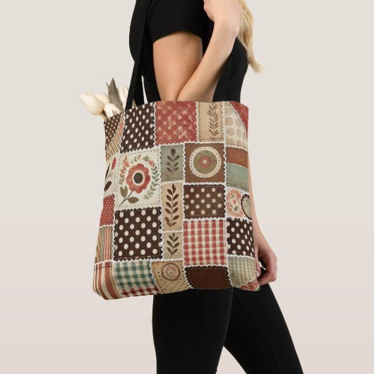 Unieke Terracotta Quilt & Patchwork Rustieke Retro Tote Bag (Dichtbij)