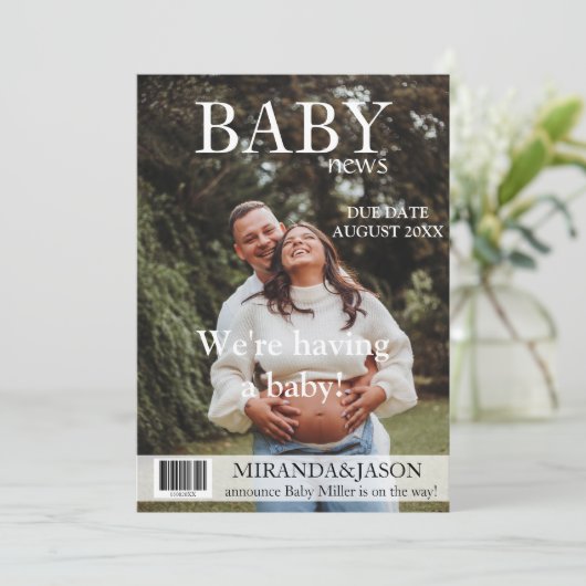 Unieke tijdschrift stijl foto zwangerschap aankond kaart (Staand voorkant)