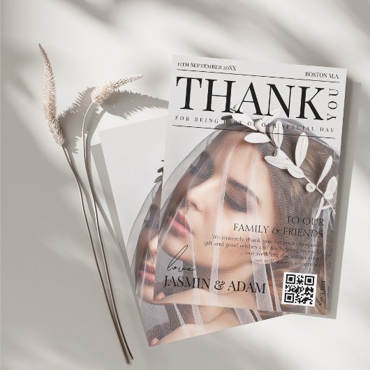 Unieke tijdschrift stijl redactionele foto bruilof bedankkaart