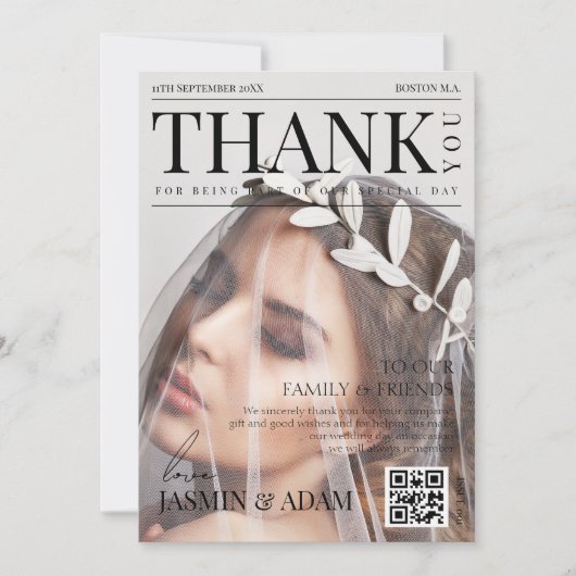 Unieke tijdschrift stijl redactionele foto bruilof bedankkaart (Voorkant)